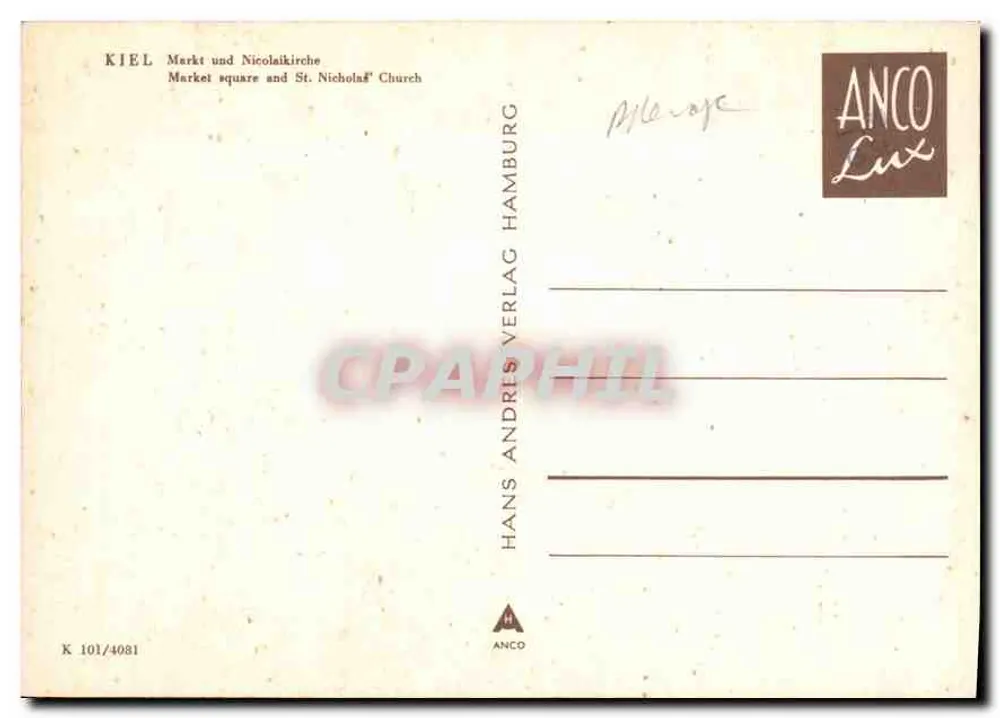 Kiel - Markt und Nicolaikirche — Hans Andres Verlag Hamburg, Nr. K 101/4081 - Rückseite