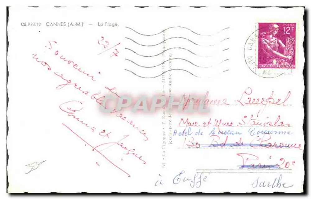 Cannes — A Praia — editor La Cigogne, n° 6993.12 - Verso