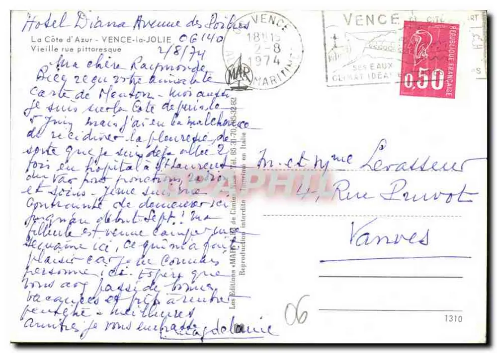Vence — enge Straße zwischen Steinbauten — Verlag Les éditions M.A.I.P.H.I.L. n° 06 - Rückseite