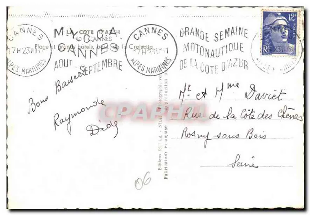 Cannes — Strand und große Hotels, Boulevard de la Croisette — Rella - Rückseite