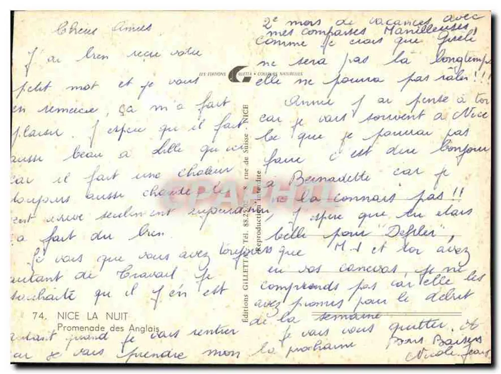 Nice — Promenade dos Ingleses — noite — Éditions Gillet - Verso