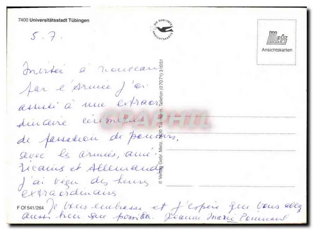 Vue de Tübingen — éditeur Mets, n° 541/284 - Verso