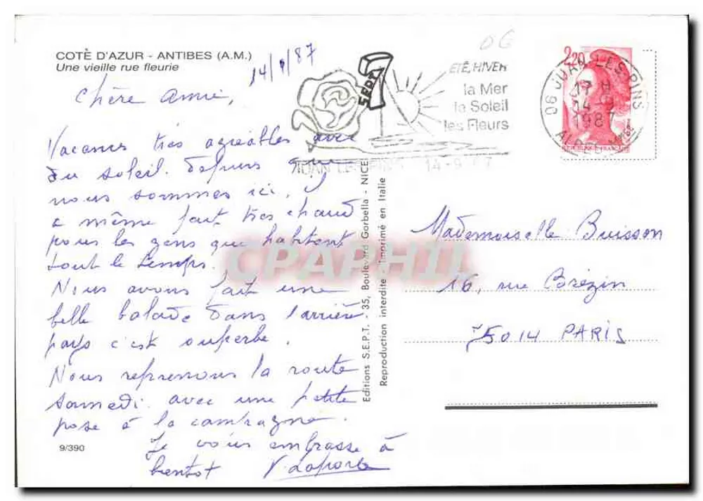 Côte d'Azur - Antibes — Ansicht einer blumigen Straße mit einem Steinhaus — Éditions S.E.P.T. - Rückseite