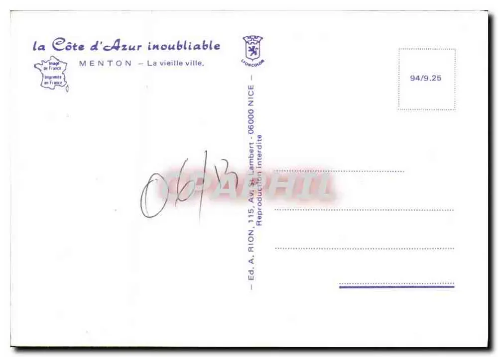 Impasse des Écoles Pie — Menton — Ed. A. Rion, Nice - Rückseite