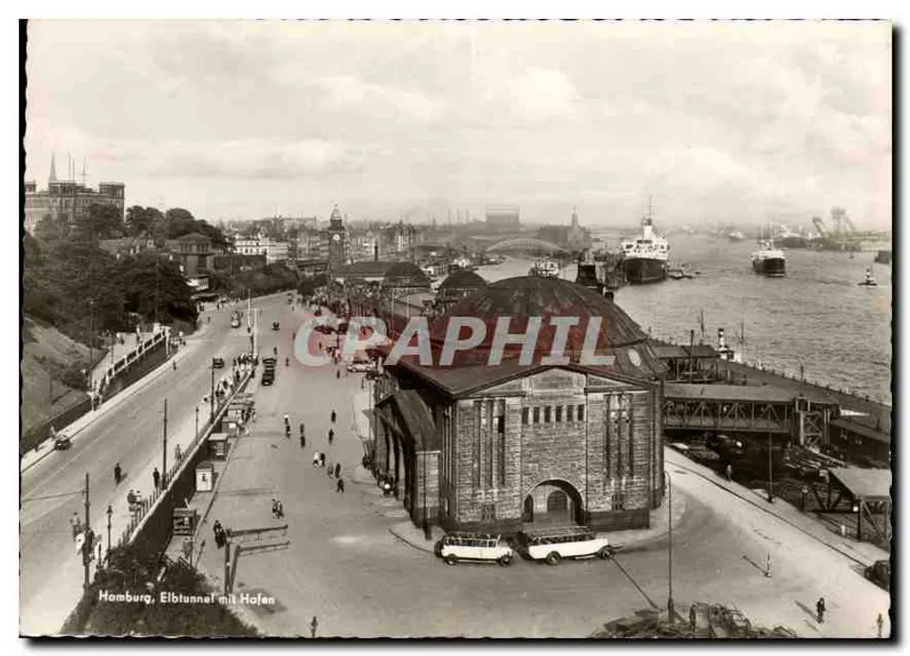Hamburgo, Elbtunnel mit Hofan — vista panorâmica do túnel e do porto — Conti Druckschriften- u. Warenhandelsgesellschaft mbH, Hamburgo - Frente