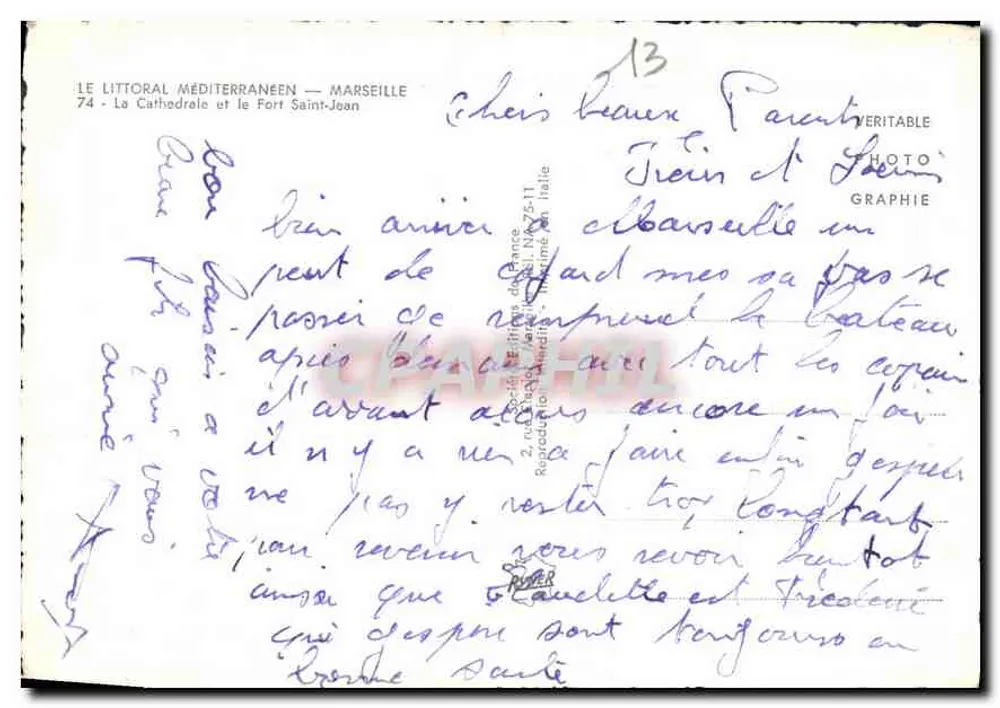 Marseille - Die Kathedrale und das Fort Saint-Jean — Verlag: Photo-Graphie, Nr. 74 - Rückseite