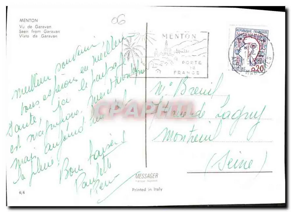 Menton — Vista de Garavan — editor MESSAGER - Verso