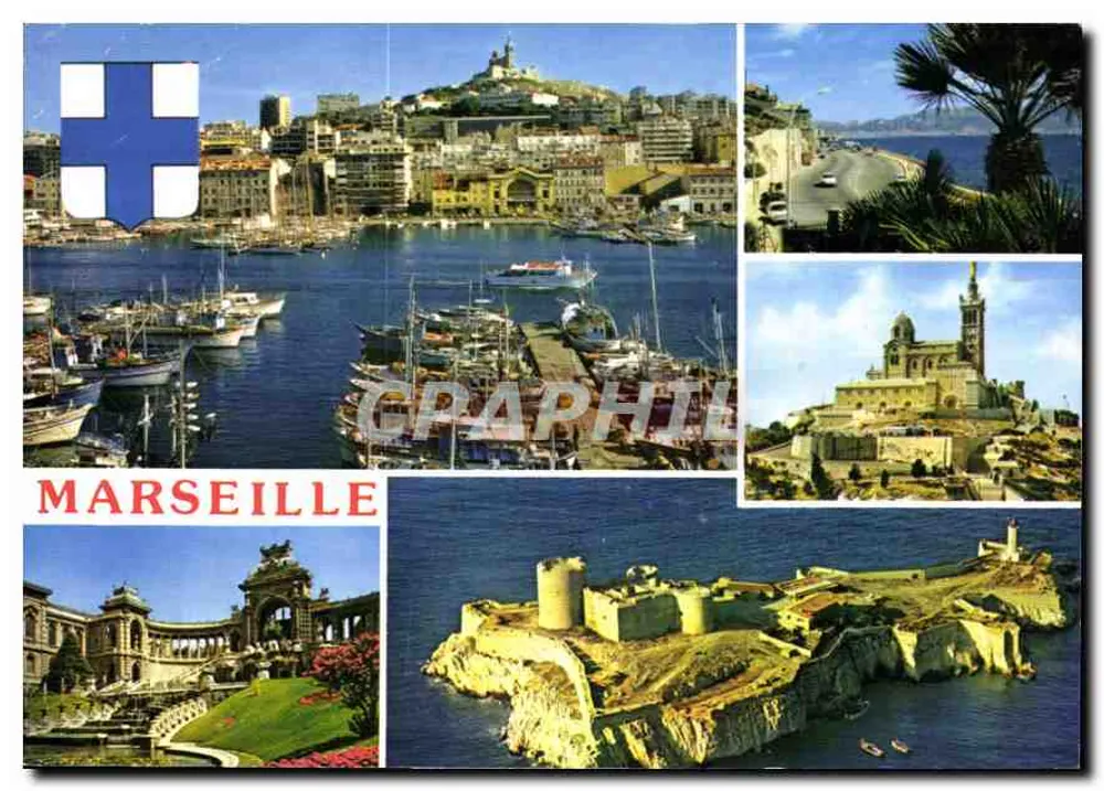 Marselha — vista panorâmica com porto, basílica, castelo e fortificações — editor Graphil - Frente