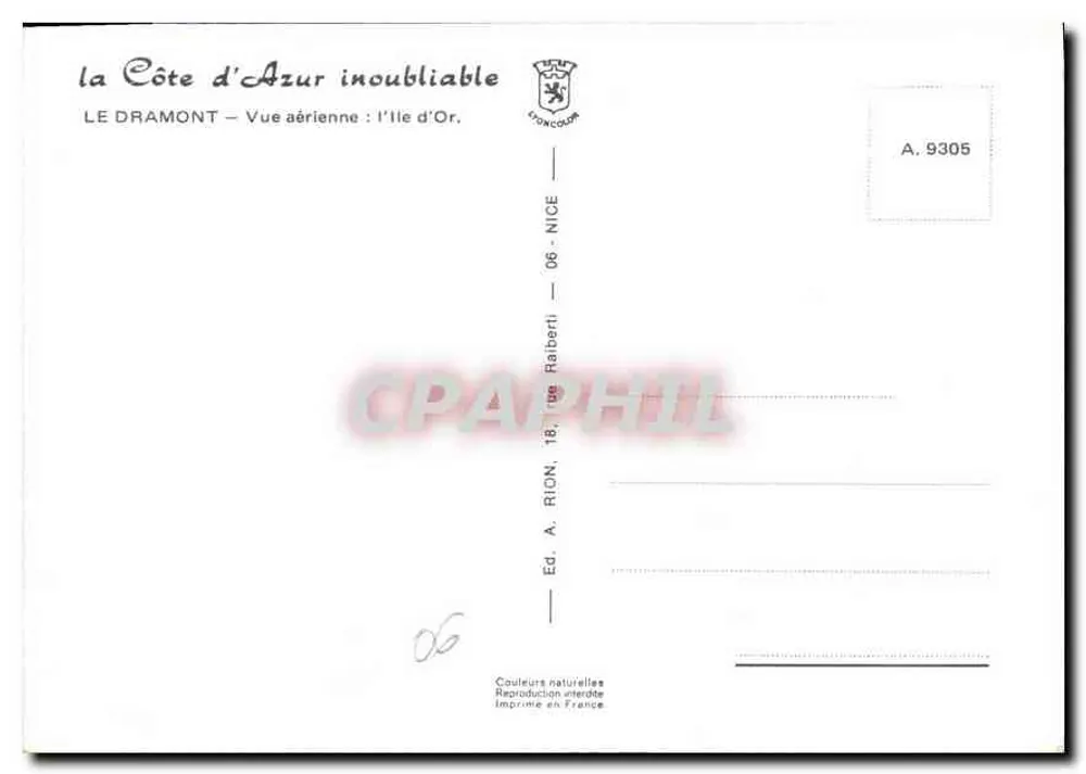 Le Dramont — Luftbild: Die Goldene Insel — Verlag A. Rion, 18, Rue Raiberti — NICE - Rückseite