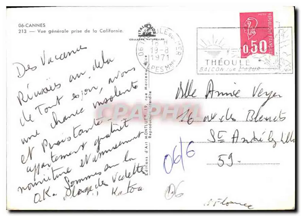 Cannes — Allgemeiner Blick von der Californien — Éditions d'Art Montiut, n°213 - Rückseite