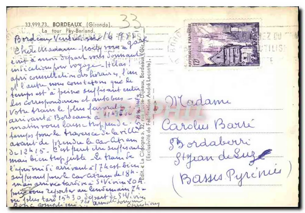 Die Pey-Berland-Turm — Bordeaux — Verlag La Cigogne, n° 33.999.73 - Rückseite