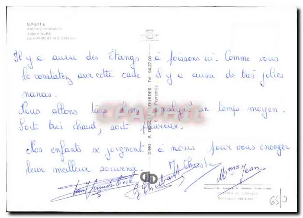 Lago de Aubert — Altas Pirineus — Editor Dino A. Doucet, n°811E - Verso