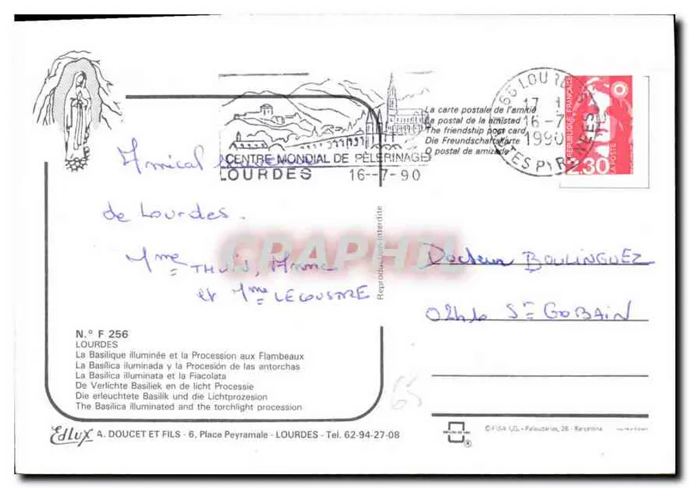 Lourdes — Beleuchtete Basilika und Prozession mit Fackeln — Éd. Doucet & Fils, Nr. F 256 - Rückseite