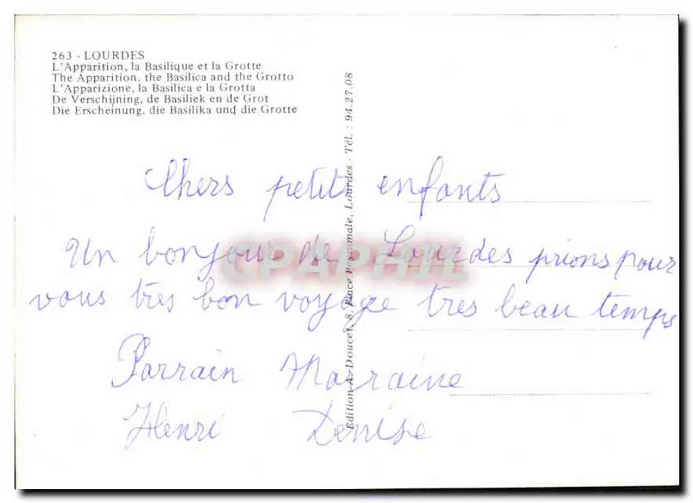 Lourdes — Aparecida, Basílica e Gruta — Edição A. Douce & Race, Lourdes - Verso