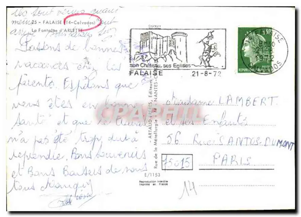 Fontaine d'Arlette — Kriegsdenkmal — Verlag Artaud, Serie E/1153 - Rückseite