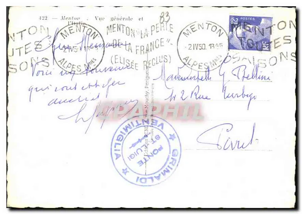 Menton — Visão Geral e da França — Editor: Antonin Sont - Verso