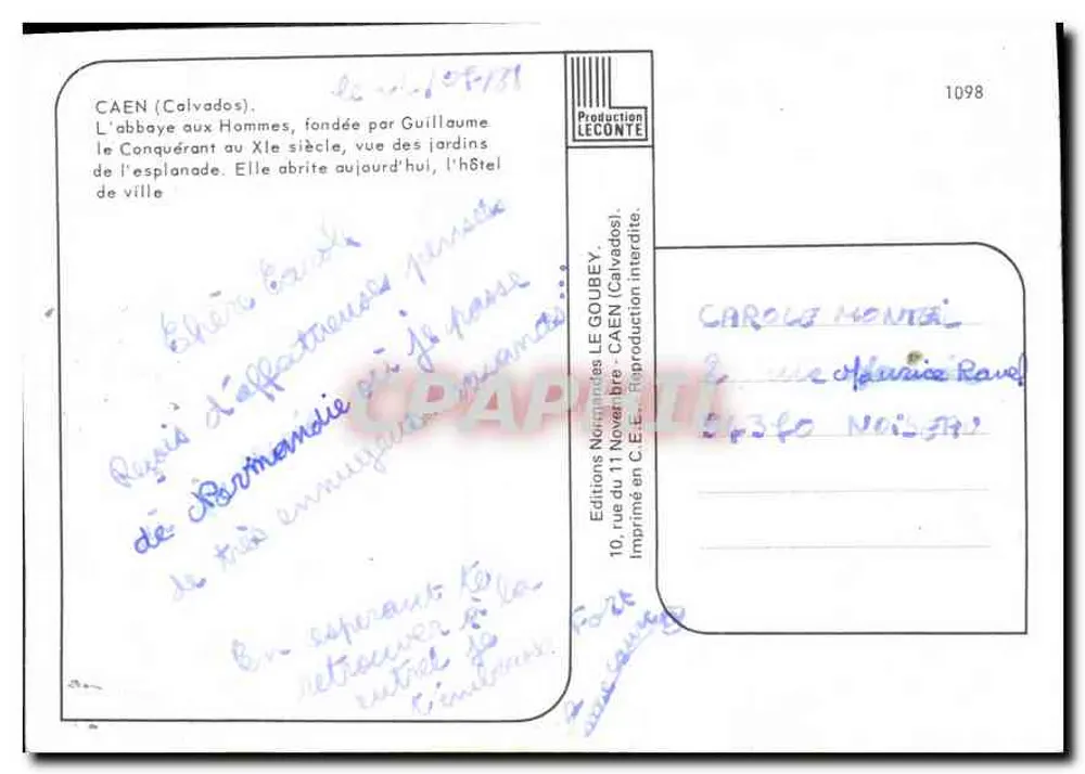 Caen — Abadia dos Homens e hotel de ville — Edições LE GOUBEY - Verso