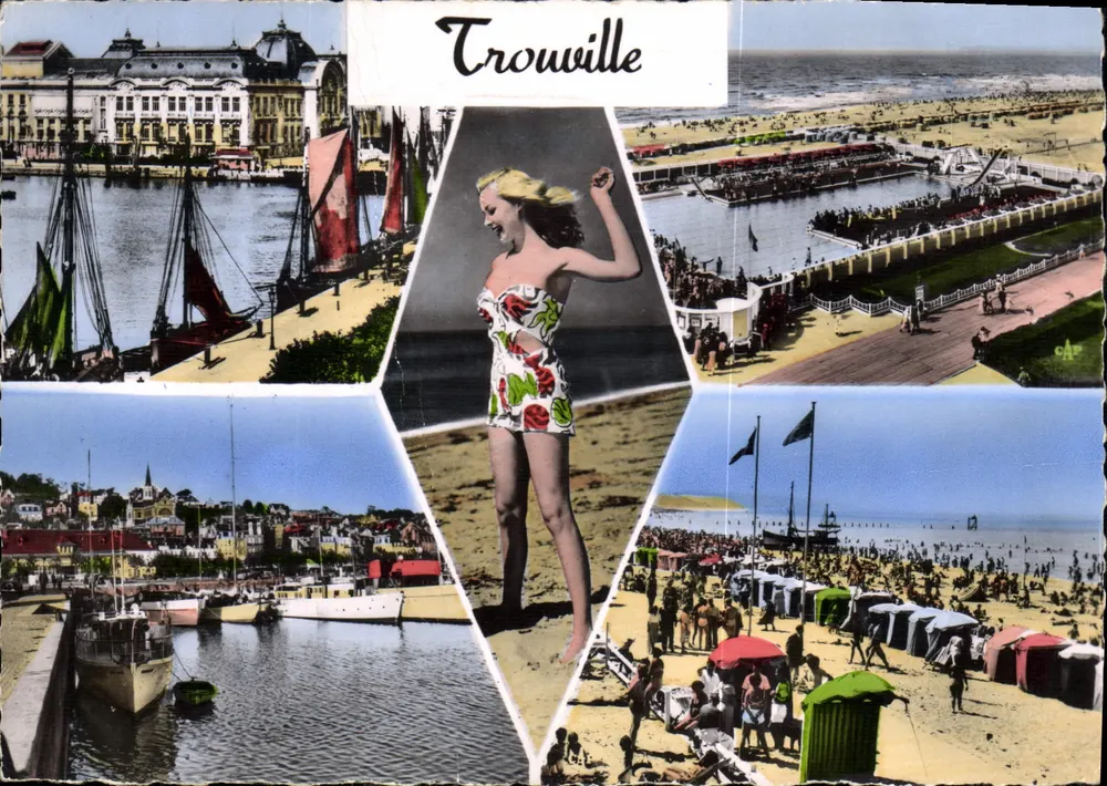 Trouville — Panoramablick auf den Hafen, das Casino, den Strand und den Yachthafen — Réal-Photo - Vorderseite