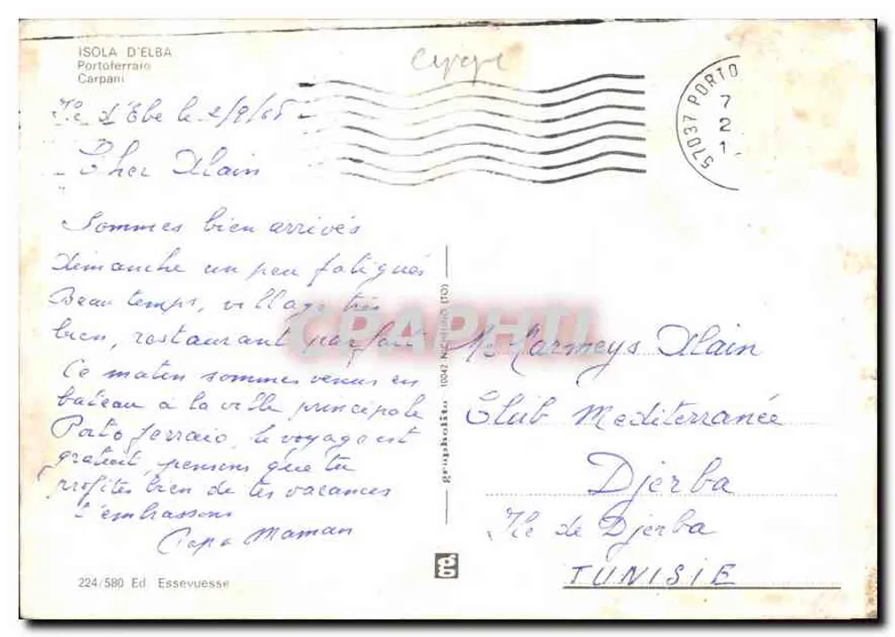 Porto Azzurro — Rio Marina — belebte Straße mit Volkswagen-Auto und Schild 'Coupons' — Verlag Essevuesse, Nr. 224/580 - Rückseite