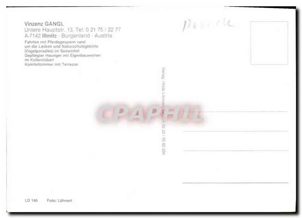 Weinschenke Vinzenz Gangl — Pußtafahrten — Verlag Hilda Löhner, Nr. LD 146 - Rückseite