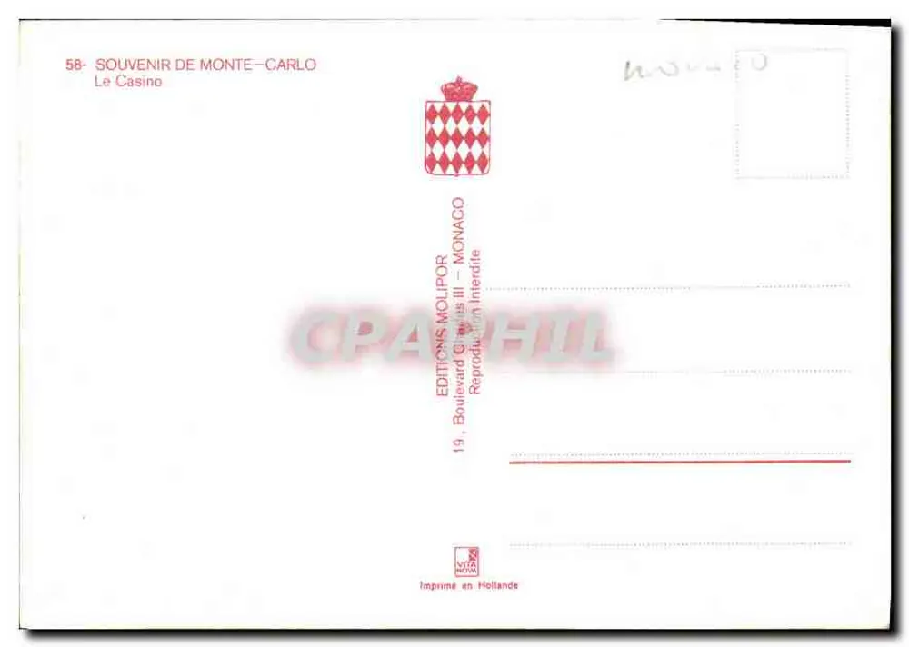 Monte-Carlo — Souvenir do Casino — Edições Molipor - Verso
