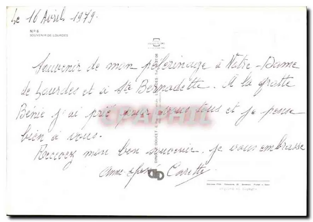 Lourdes — Centenário de Bernadette — 1879-1979 - Verso