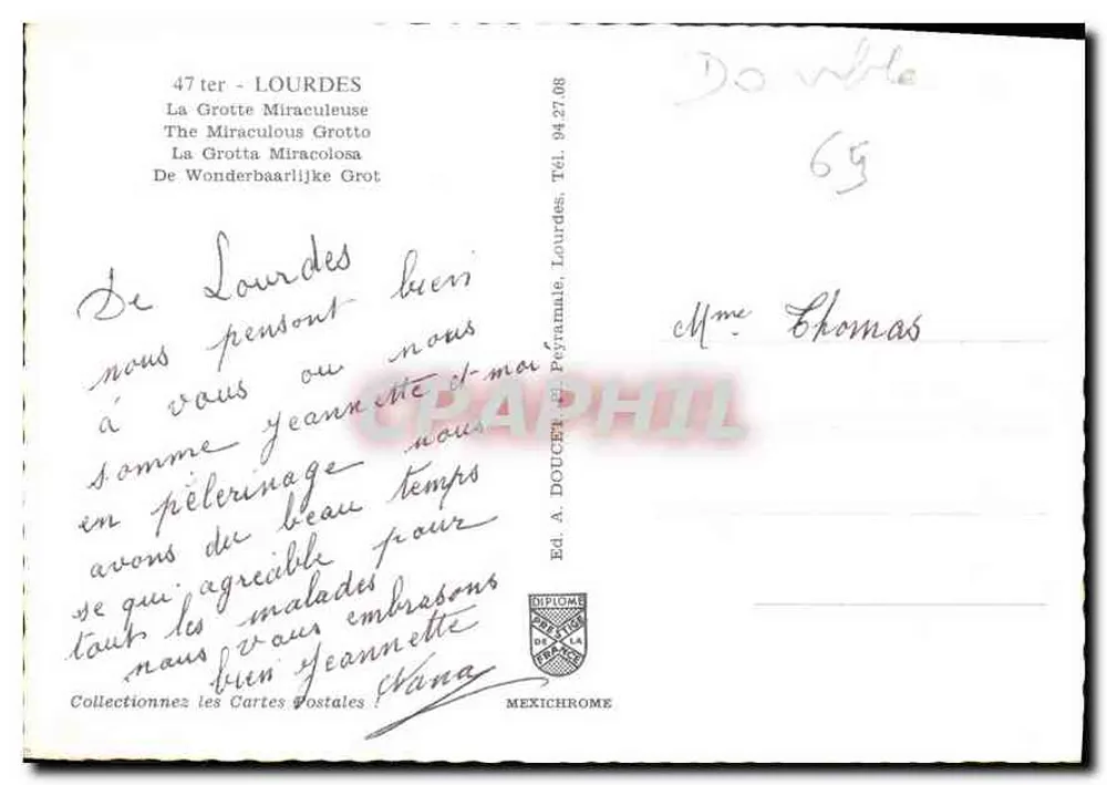 A Gruta Milagrosa — Lourdes — Ed. A. DOUCET, Mexichrome - Verso