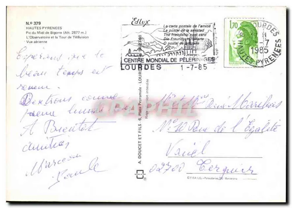 Pic du Midi de Bigorre — Vista aérea — O Observatório e a Torre de Televisão — Editor A. Doucet e Filhos, N° 379 - Verso