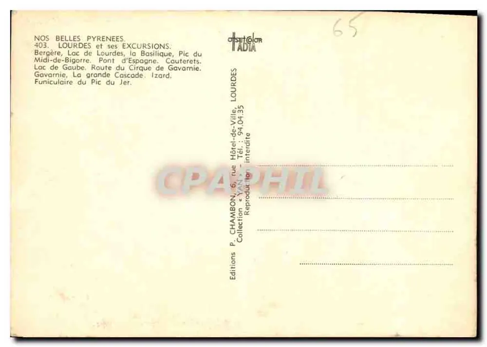 Lourdes en haar Excursies — Uitgaven P. Chambon, n°403 - Achterkant