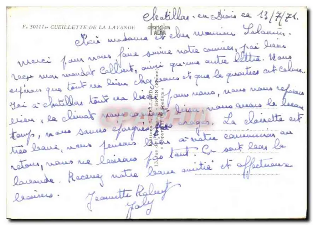 Châtillan - em Diois — colheita de lavanda — Edições Léon Bardon, n° F.30111 - Verso