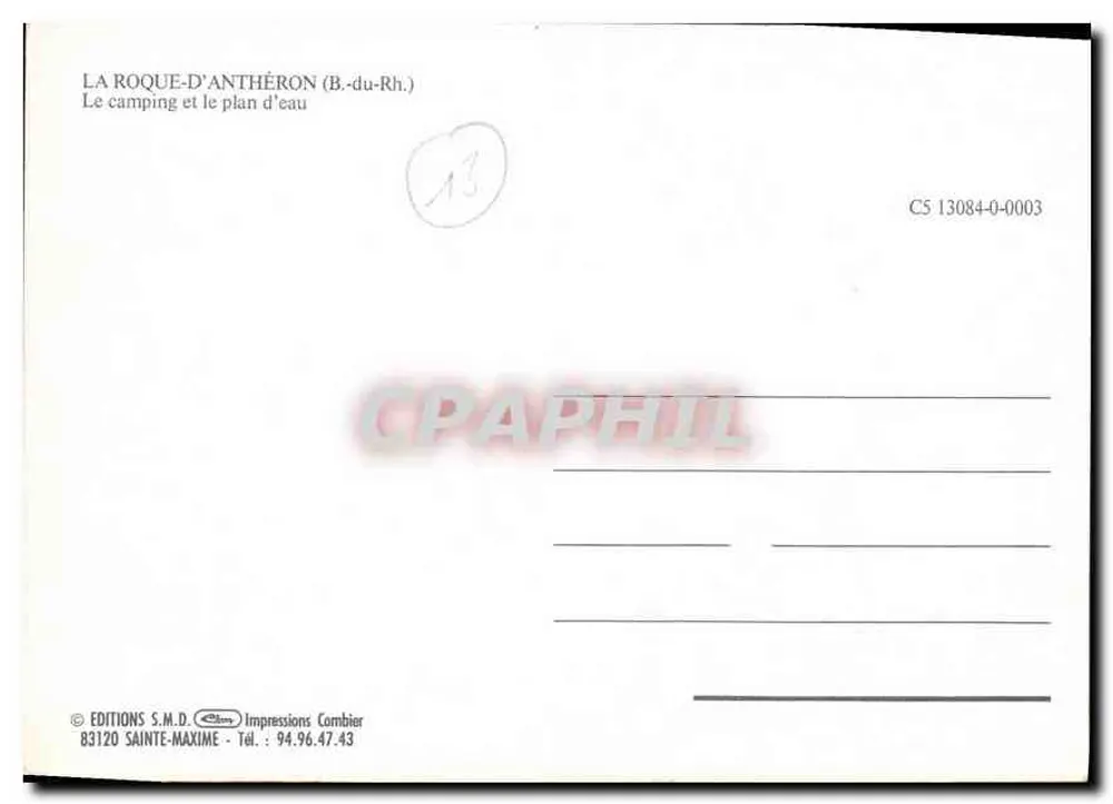 La Roque-d'Anthéron (B.-du-Rh.) — O camping e o lago — Éditions S.M.D. Impressions Combier, n° C5 13084-0-0003 - Verso