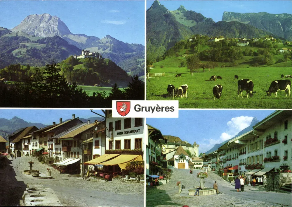 Gruyères — Panoramablick mit Bergen, Kühen und Dorf — Éditions G. Fleury, n° 3212 - Vorderseite