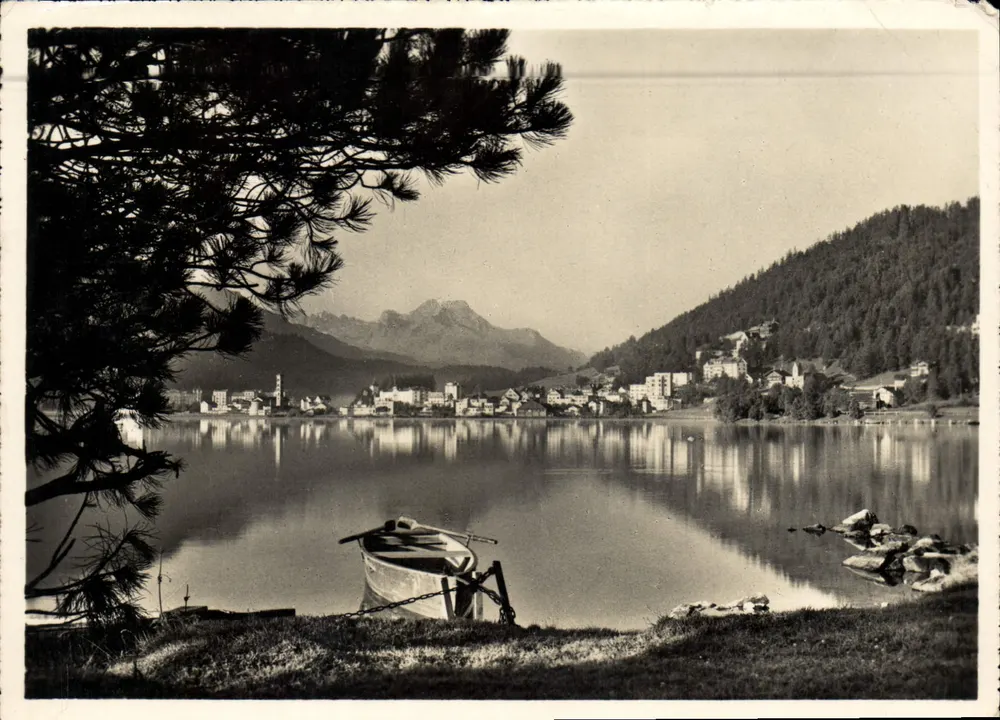 Ansicht des Sees von St. Moritz — St. Moritz-Bad und Piz Margna — Verlag: O. Funer, Davos Platz - Vorderseite