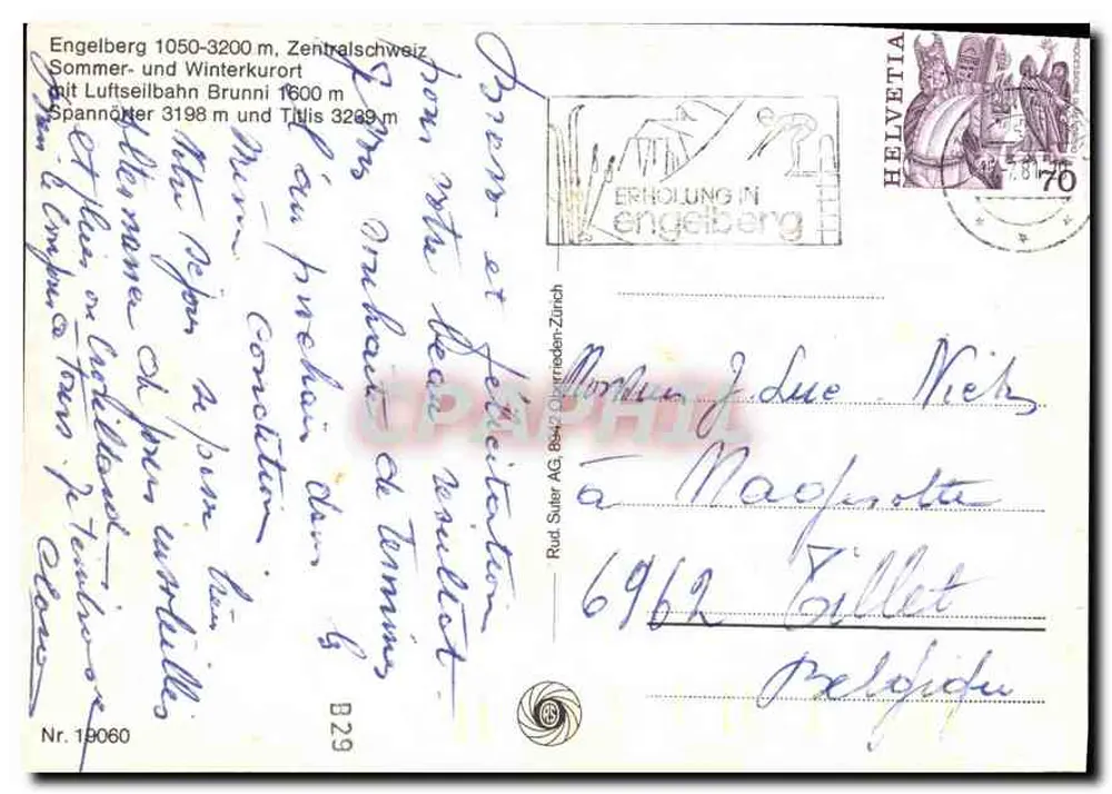 Engelberg — Aussicht mit Seilbahn und schneebedeckten Bergen — Rud Suter AG, n° 19060 - Rückseite