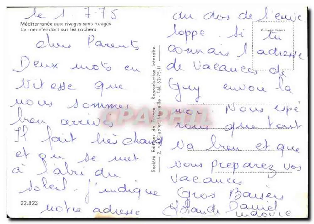 Mediterraner Küstenstreifen — felsige Ufer unter einem blauen Himmel — Éditions de France, Nr. 22.823 - Rückseite