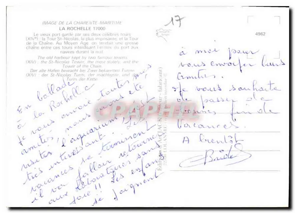La Rochelle — vista do porto e das torres — Editor Jack L'Anec (fabricante) n°4962 - Verso