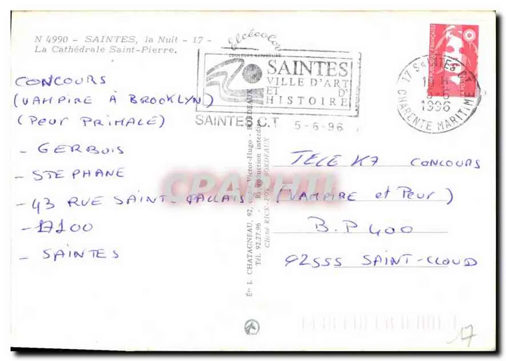 Saintes - A Catedral de São Pedro à Noite — Editor Elcé, n° 4990 - Verso