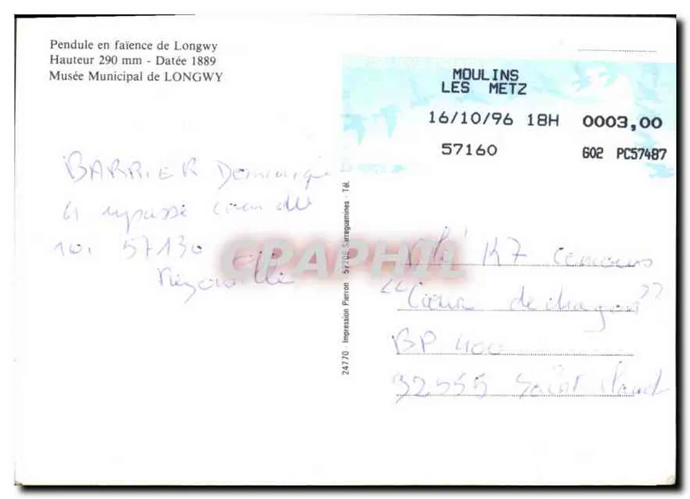 Orologio in faience di Longwy — Altezza 290 mm — Museo Municipale di Longwy — editore: Impression Pierron - Verso