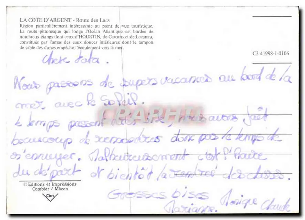 A Costa de Prata e a rota dos lagos — Edições e Impressões Combier / Mâcon, série C3 41998-1-0106 - Verso