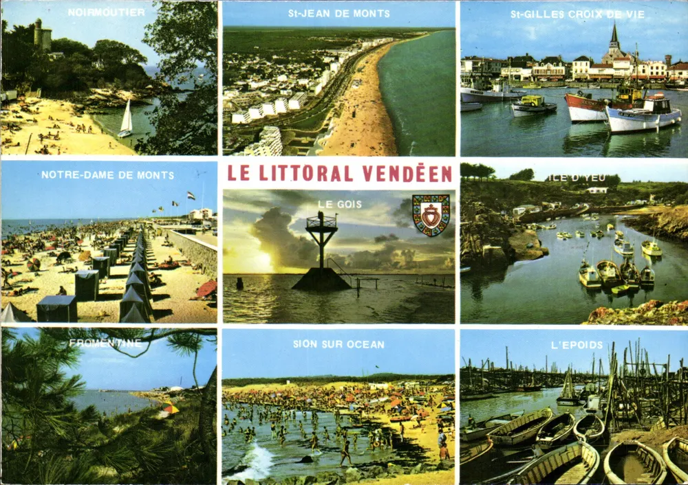 Wybrzeże Vendée — widok panoramiczny z Noirmoutier, St-Jean de Monts, St-Gilles Croix de Vie, Notre-Dame de Monts, Le Gois, Île d'Yeu, Fromentine, Sion-sur-Ocean, L'Épois — wydawca La Vendée Touristique, nr 15 - Awers