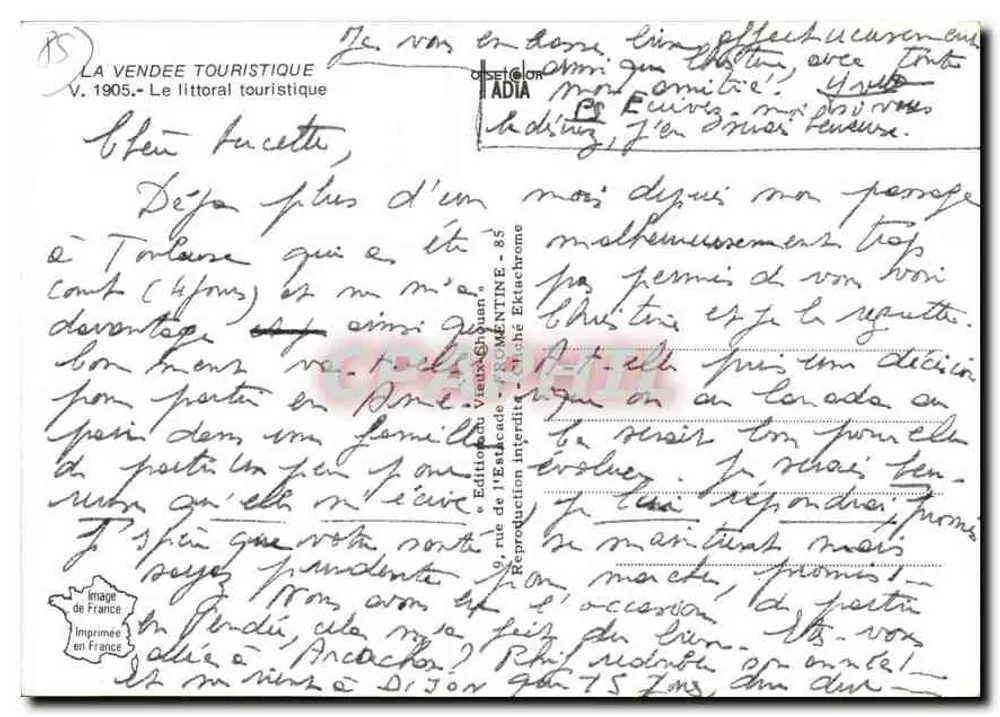 Wybrzeże Vendée — widok panoramiczny z Noirmoutier, St-Jean de Monts, St-Gilles Croix de Vie, Notre-Dame de Monts, Le Gois, Île d'Yeu, Fromentine, Sion-sur-Ocean, L'Épois — wydawca La Vendée Touristique, nr 15 - Rewers