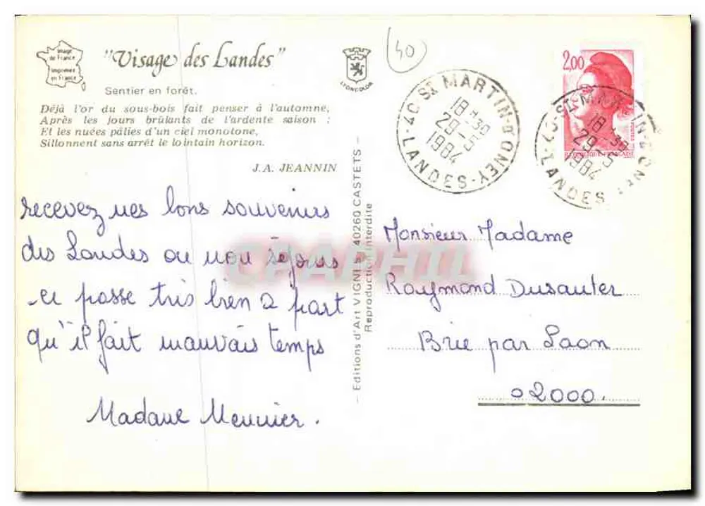 Rosto das Landes — Trilha na floresta — Edições d'Art Jeannin, n° 40260 - Verso