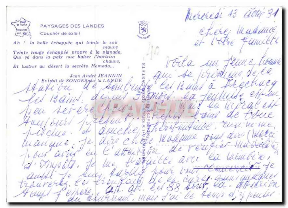 Pôr do sol — paisagens das Landes — editor VIGNON, n°40 - Verso