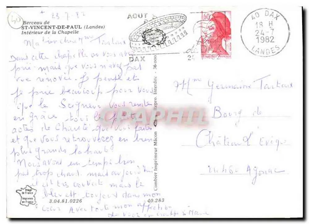 Innenansicht der Kapelle — Bercieu de Saint-Vincent-de-Paul (Landes) — Imprimeur Combart - Rückseite