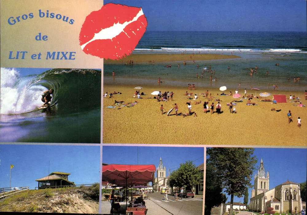 Praia de Calme-d'Entente — vista da praia, de um surfista, de uma igreja e de um mercado — editor LIT e MIXE, número de série não visível - Frente