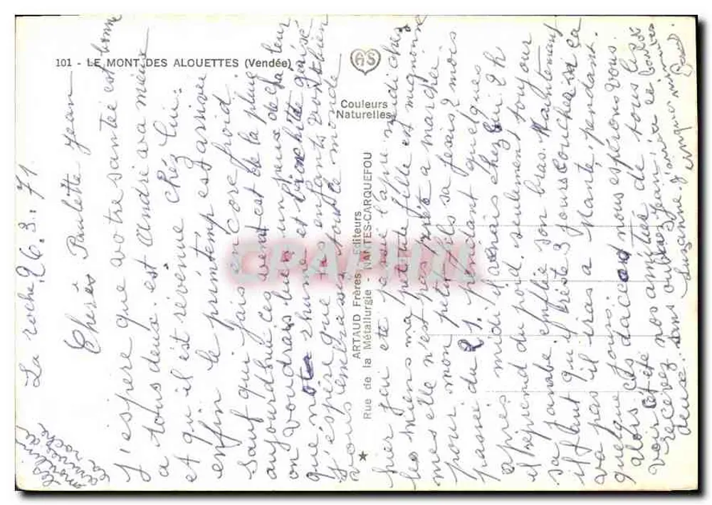 Monte das Alouettes — Vendeé — editor Artaud Frères - Verso