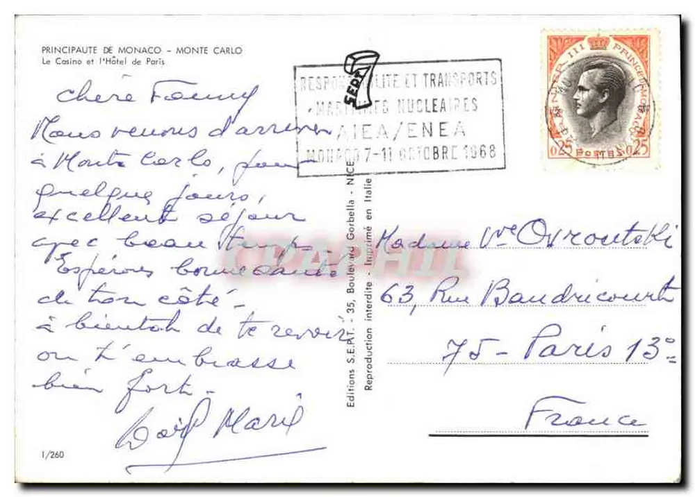 Monaco - Monte Carlo — Das Casino und das Hotel de Paris — Editionen S.E.P.T. n°1/260 - Rückseite