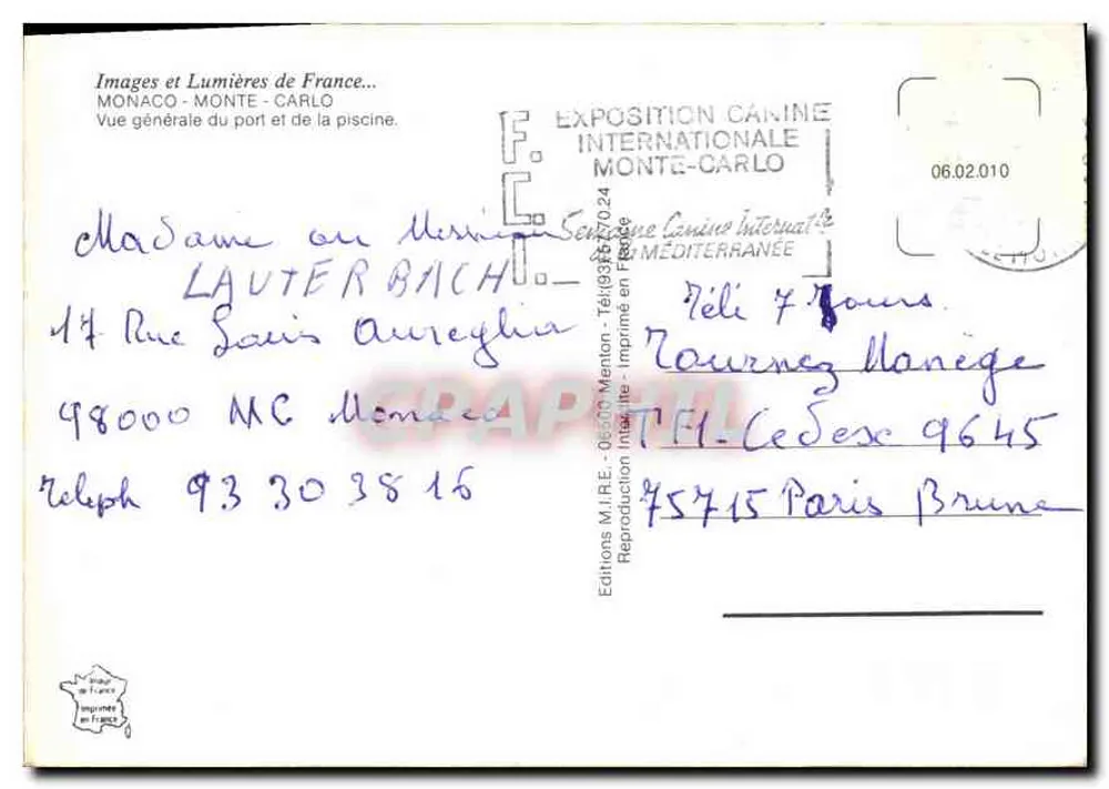 Monaco - Monte-Carlo — Allgemeine Ansicht des Hafens und der Schwimmbecken — Éditions M.I.R.E. - Rückseite