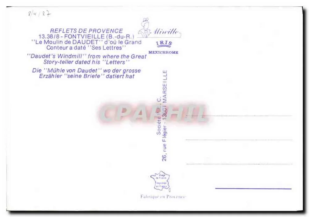 El Molino de Daudet en Fontvieille — Provenza — Editor IRIS, n° 13.38/8 - Reverso