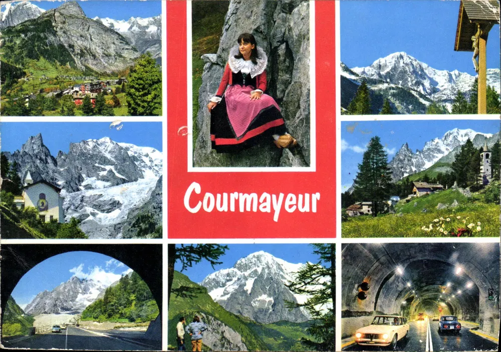 Courmayeur — panorama, traje local, glaciar, túnel — Ediz. SACAT, n° 1086 - Frente